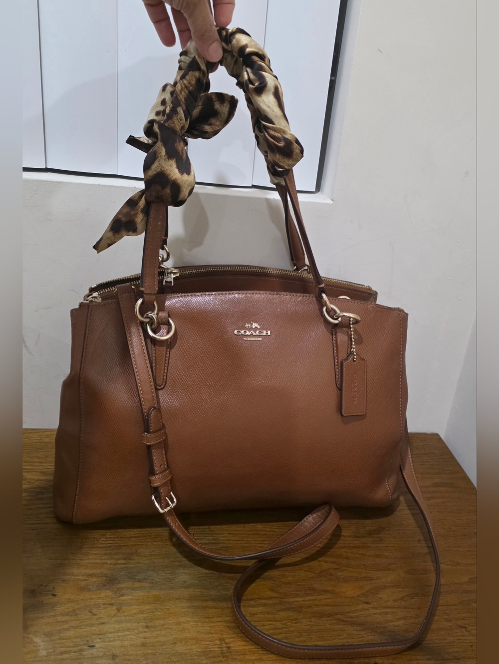 Coach Tan Leather Satchel with Leopard Scarf Accent